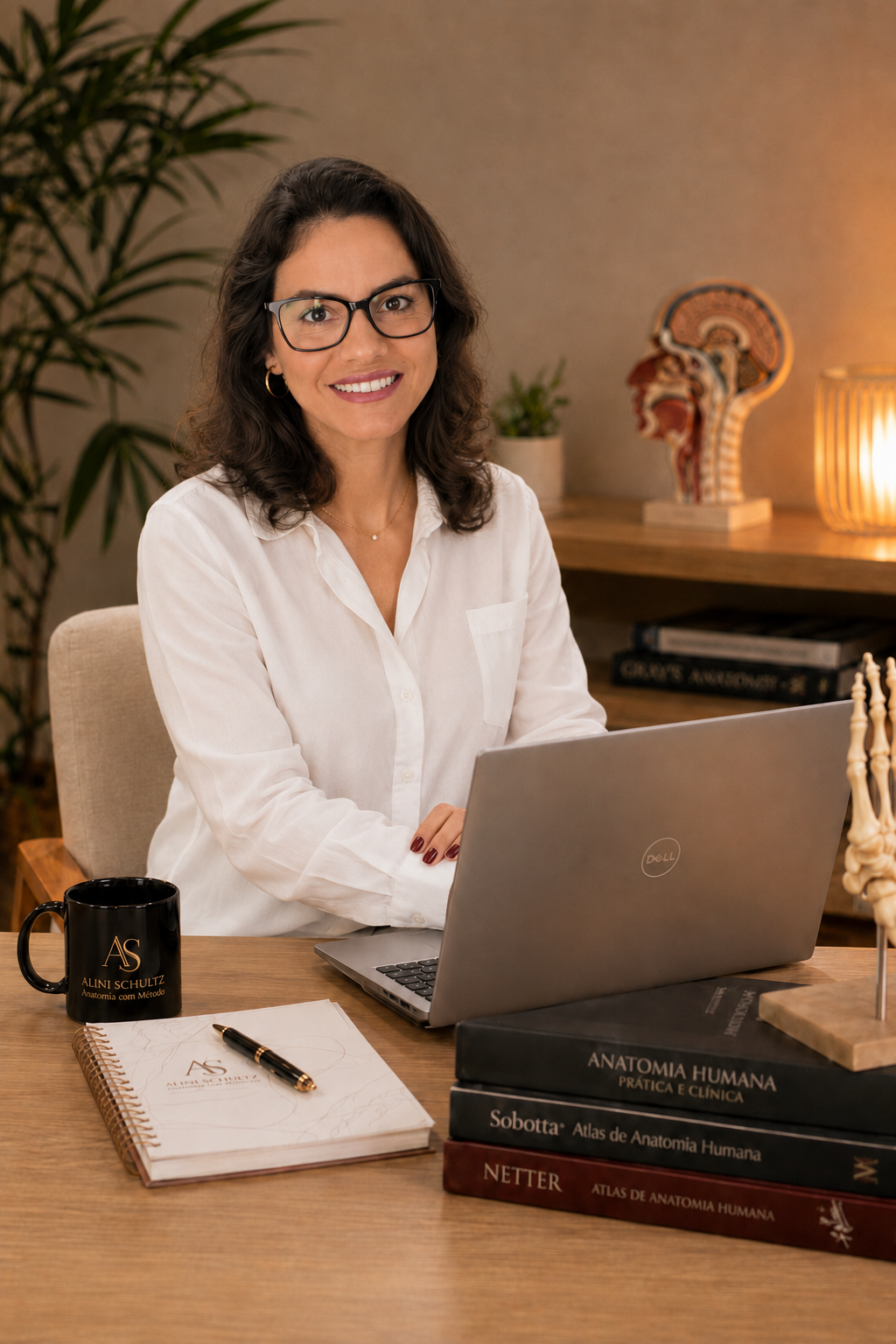 Alini Schultz em sua mesa de trabalho com notebook, caneca e atlas de Anatomia