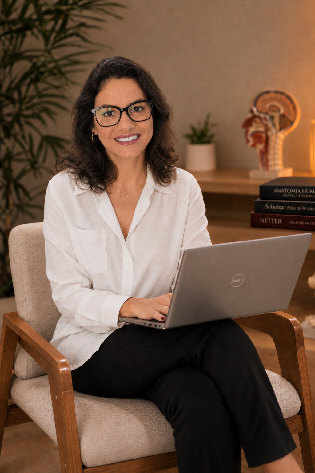 Alini Schultz sentada em uma poltrona com o notebook, estudando Anatomia